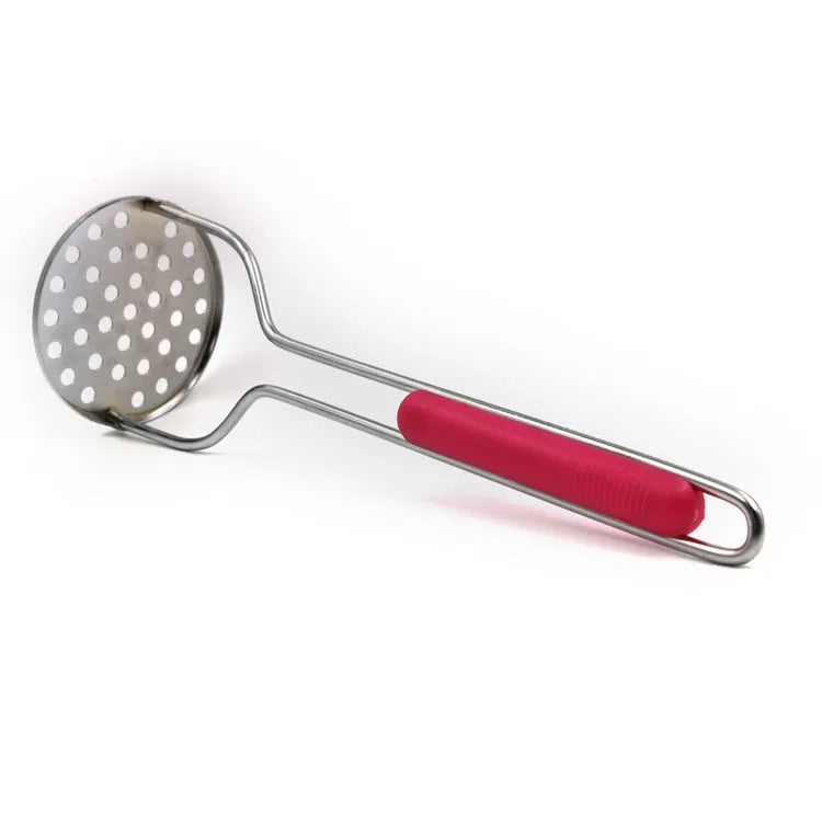 Manual potato masher with flower-shaped iron plated head and wooden handle on white background