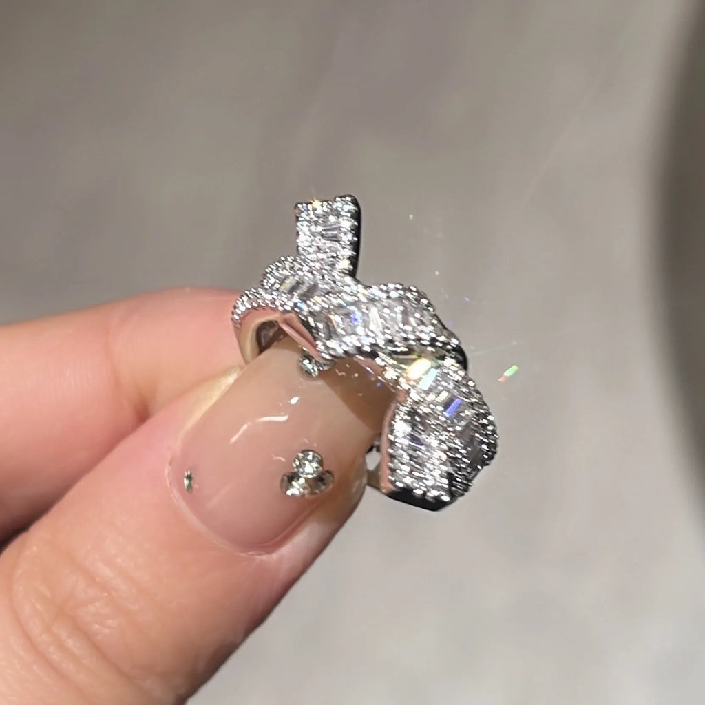 Silver cross open ring with bow shape on copper base, electroplating finish, minimalist style