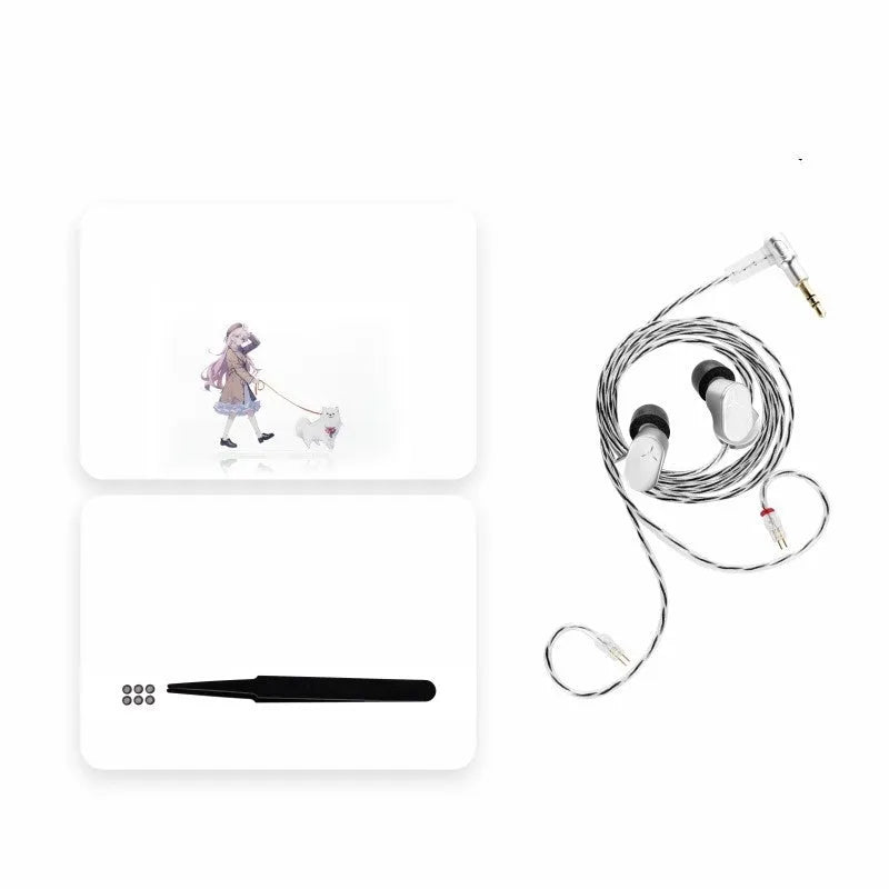 HiFi wired earphone with interchangeable cable in blue with silicone ear tips and storage bag on display
