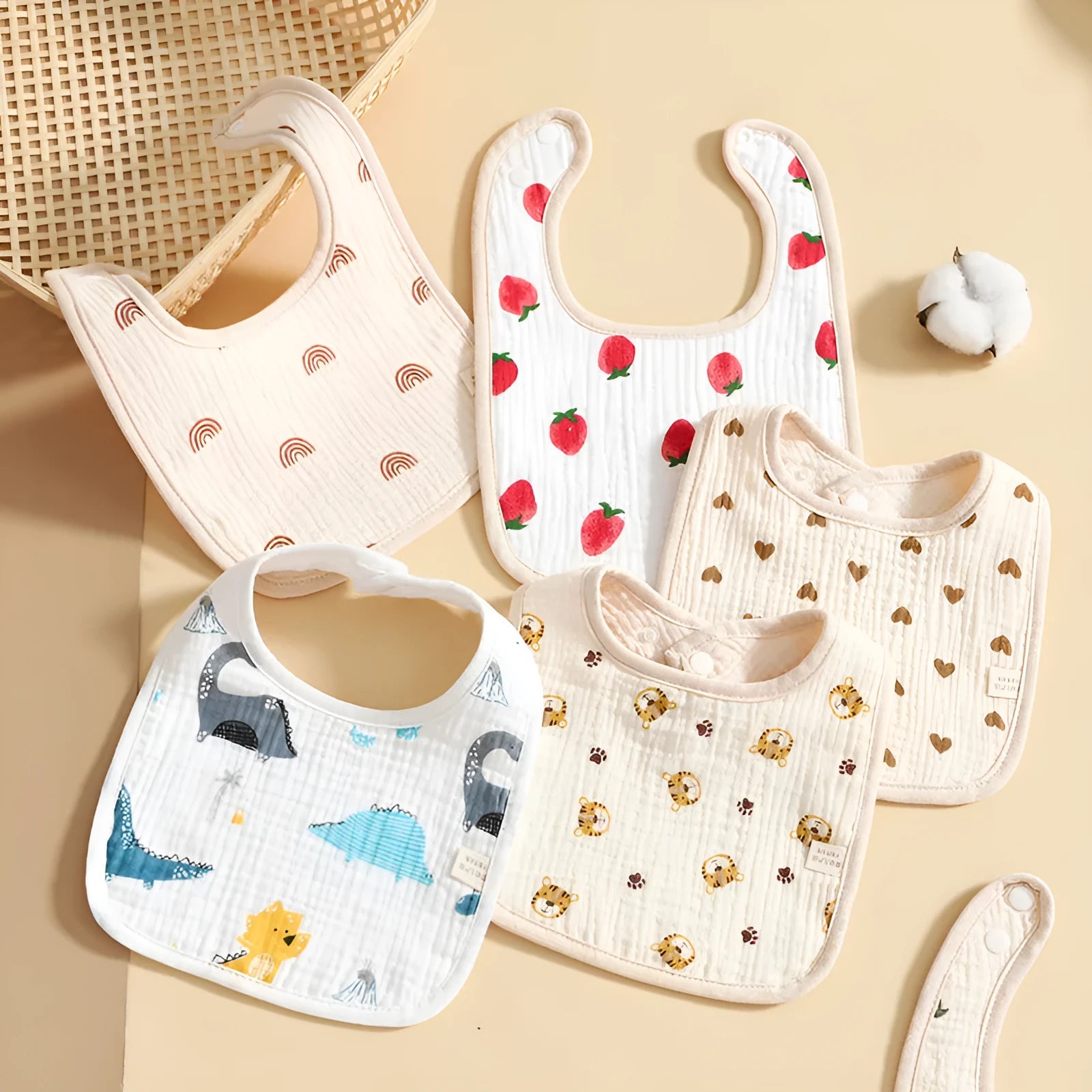 Pure cotton six-layer gauze baby U-shaped bib with waterproof backing, 23x33cm, in rainbow print