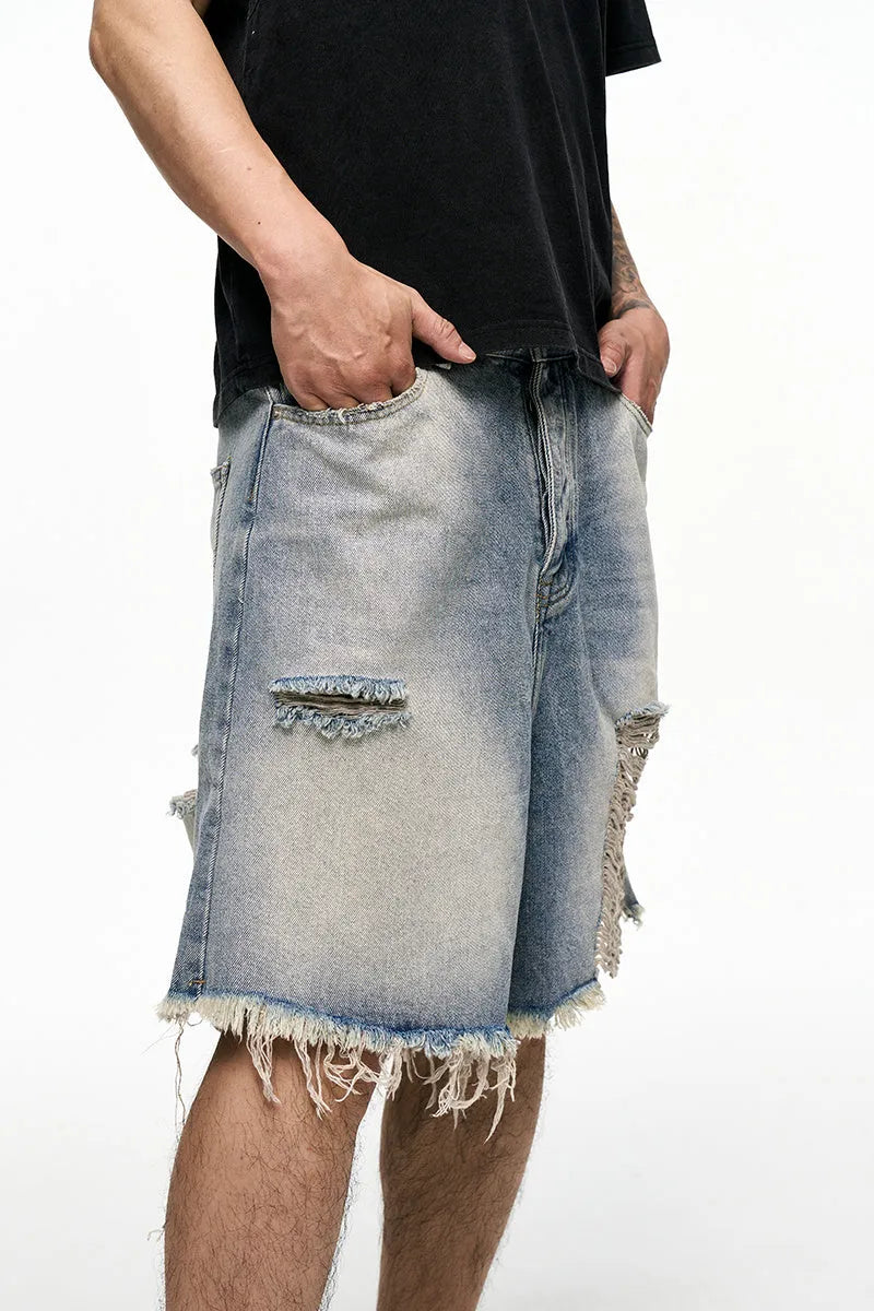 Light blue washed denim shorts with a baggy wide-leg fit and mid-waist on a mannequin.