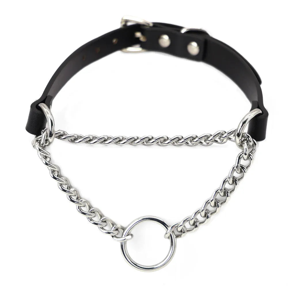 Black cowhide leather punk collar with hand grip rope adjustment and matching leash