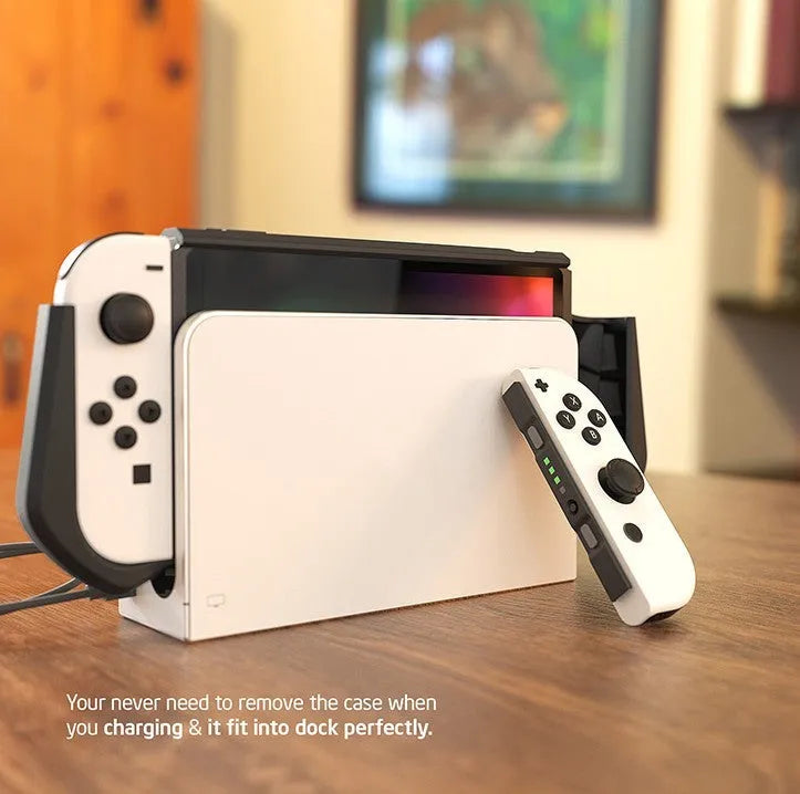 TPU protective case for Nintendo Switch OLED 2021 in various colours on a grey background.