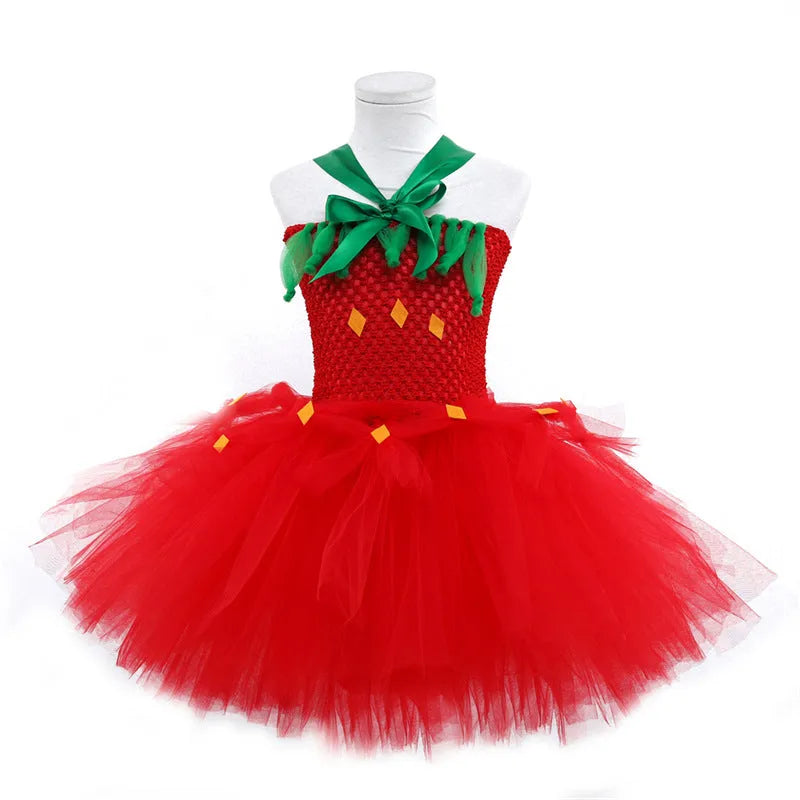 Red children's princess dress with lace and mesh detailing in South Korean silk for birthday parties