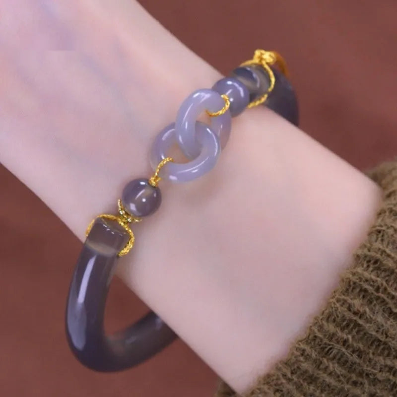 Women's grey smoke purple agate half bracelet with ring buckle clasp in retro styling