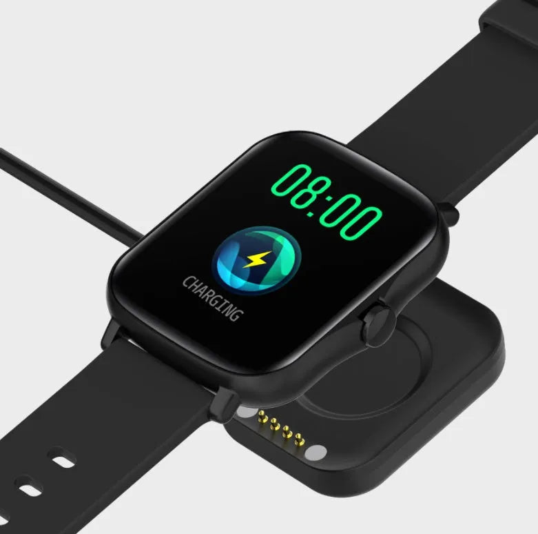 Blue smart watch with 1.7-inch colour touch screen on adjustable strap showing interface