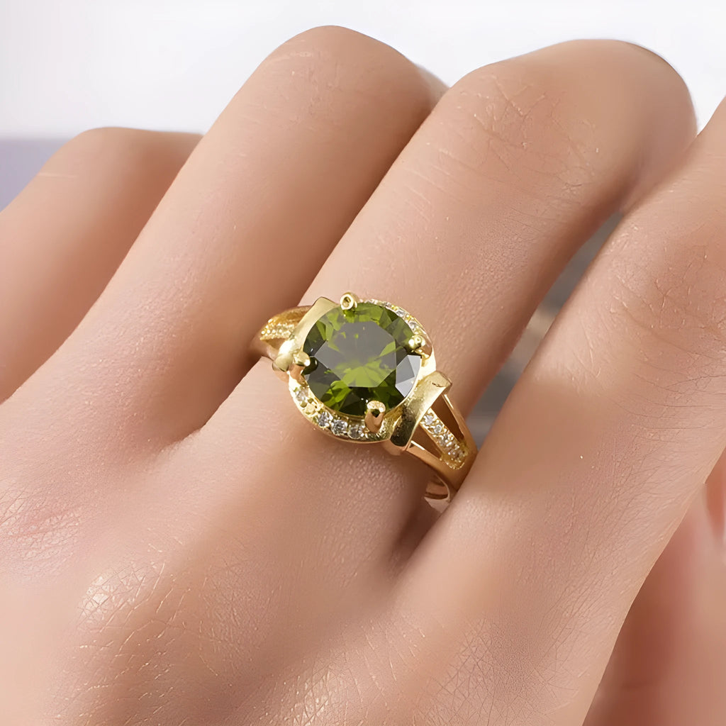 Olive green 18K gold-plated adjustable open ring on copper with sparkling stone inlay, geometric style