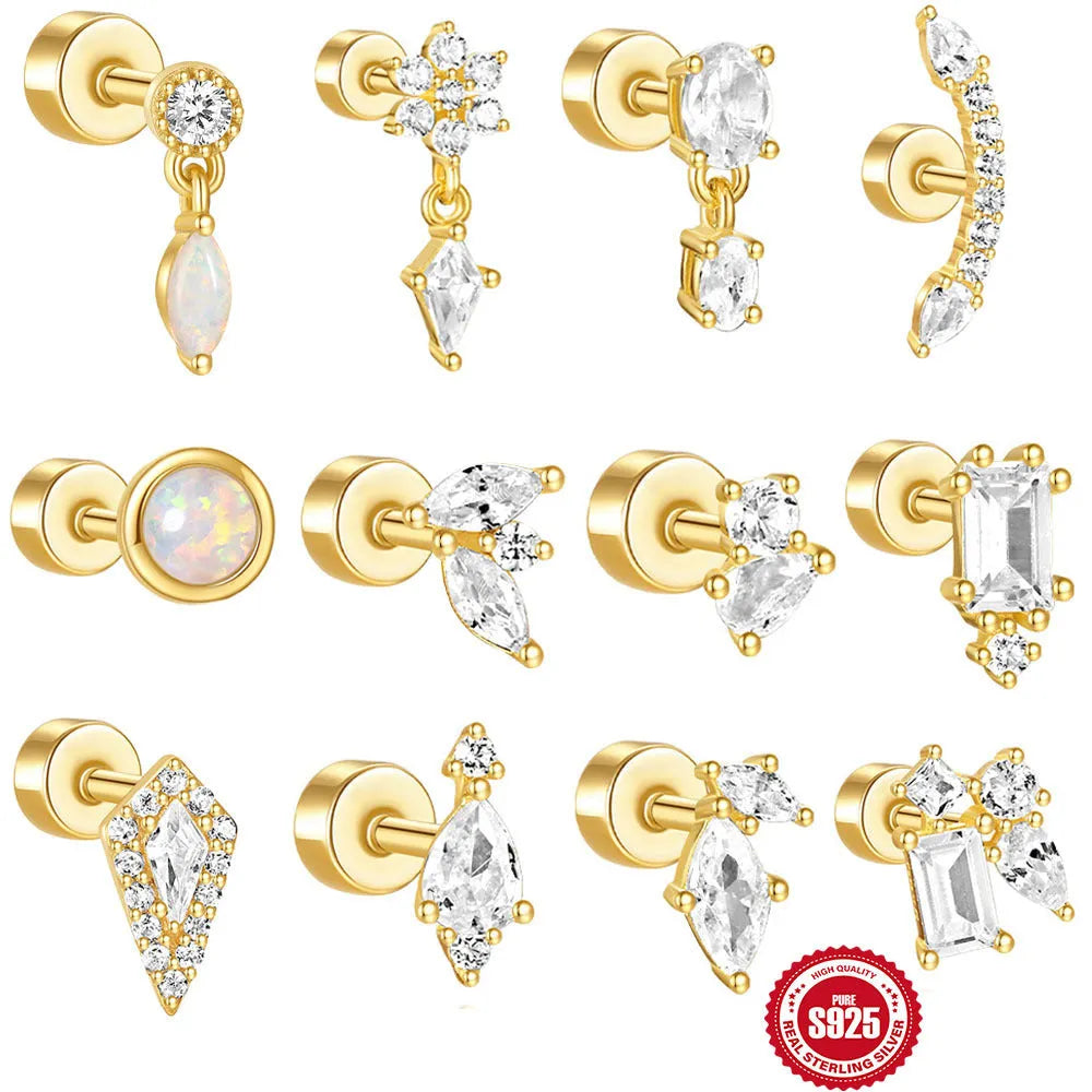 S925 sterling silver flat column thread ear bone studs in gold plating for cartilage piercings