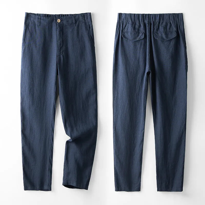 Linen men's casual pants in gray, straight leg, mid waist, for spring and summer