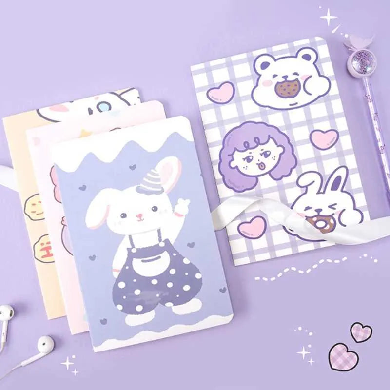 Cartoon A5 notebook with 30 sheets, showing cover design options like Cute Bear and Kumamoto Rabbit.