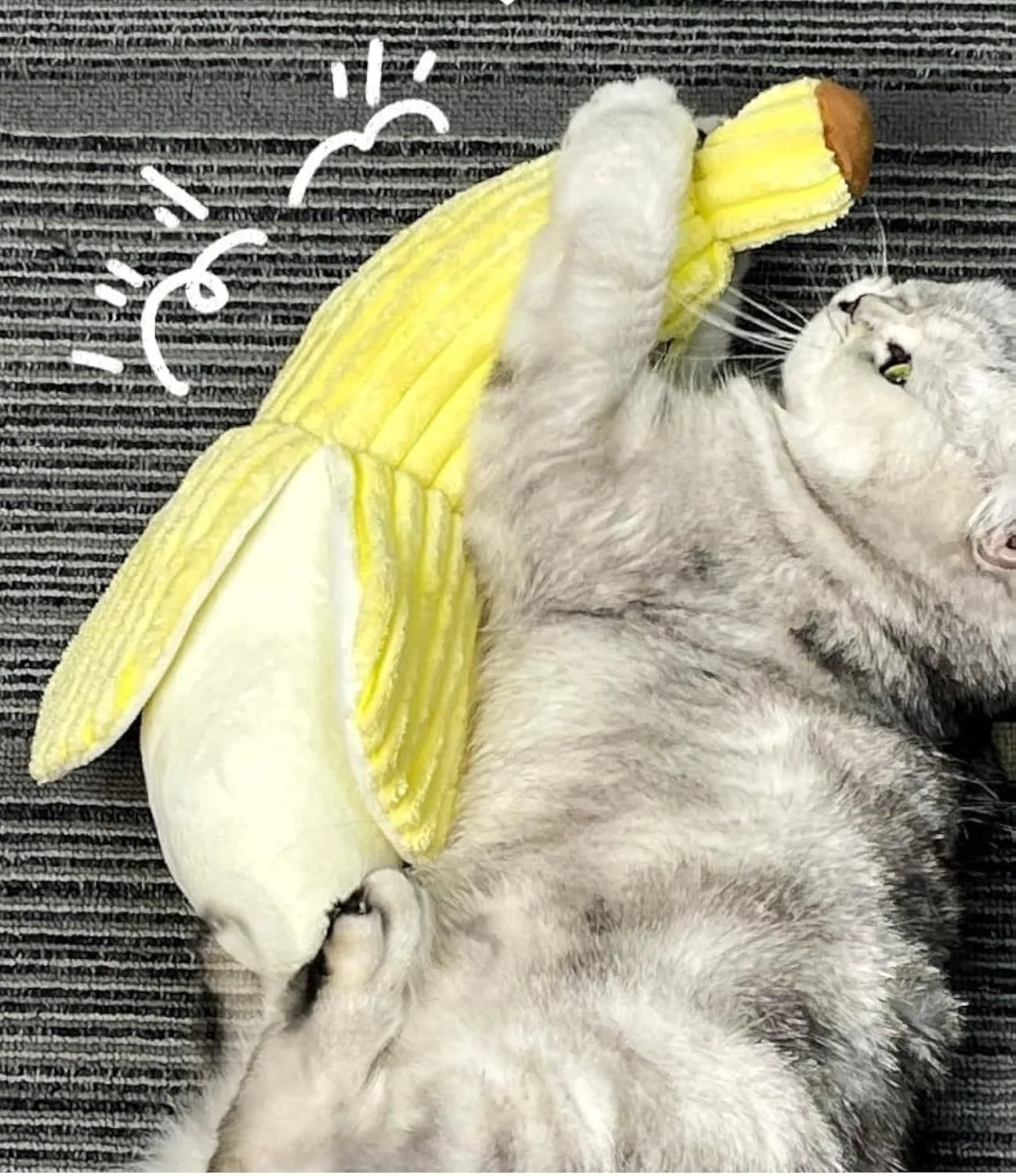 Yellow banana-shaped cat toy with crinkle sound element for interactive feline play
