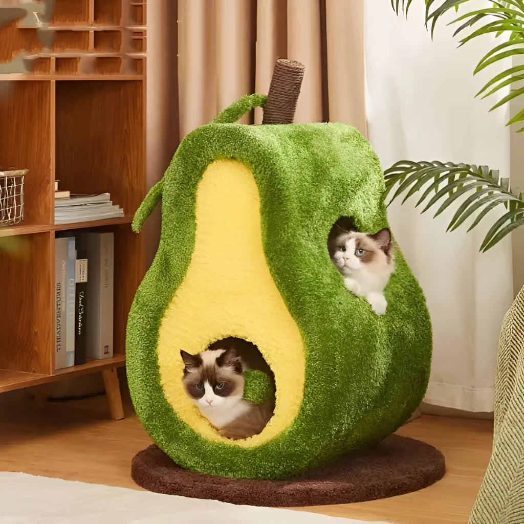 Green avocado-shaped closed cat nest made with PP cotton and bubble velvet for indoor cats
