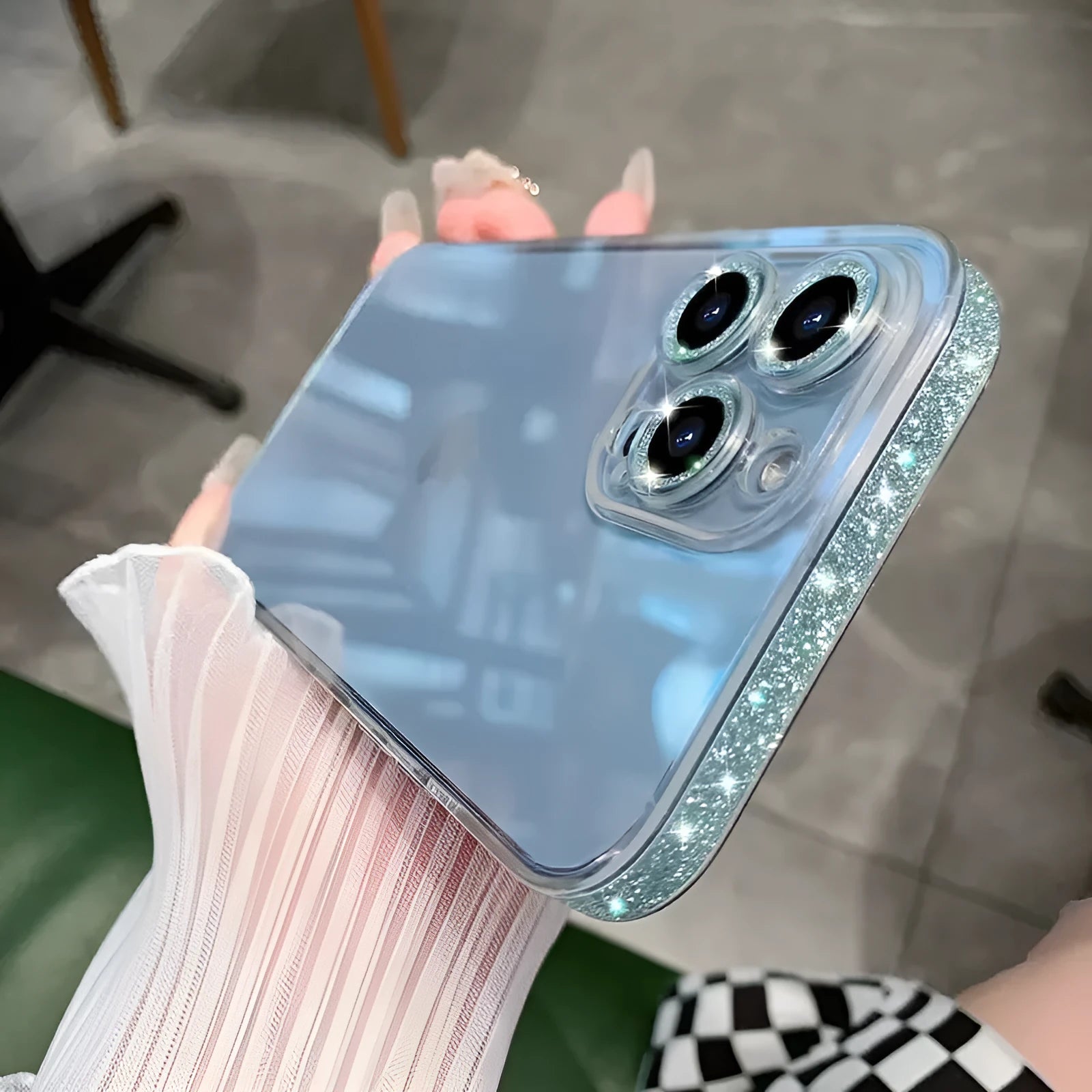 Glitter frame transparent tempered glass phone case for iPhone 12-15 series in colour options
