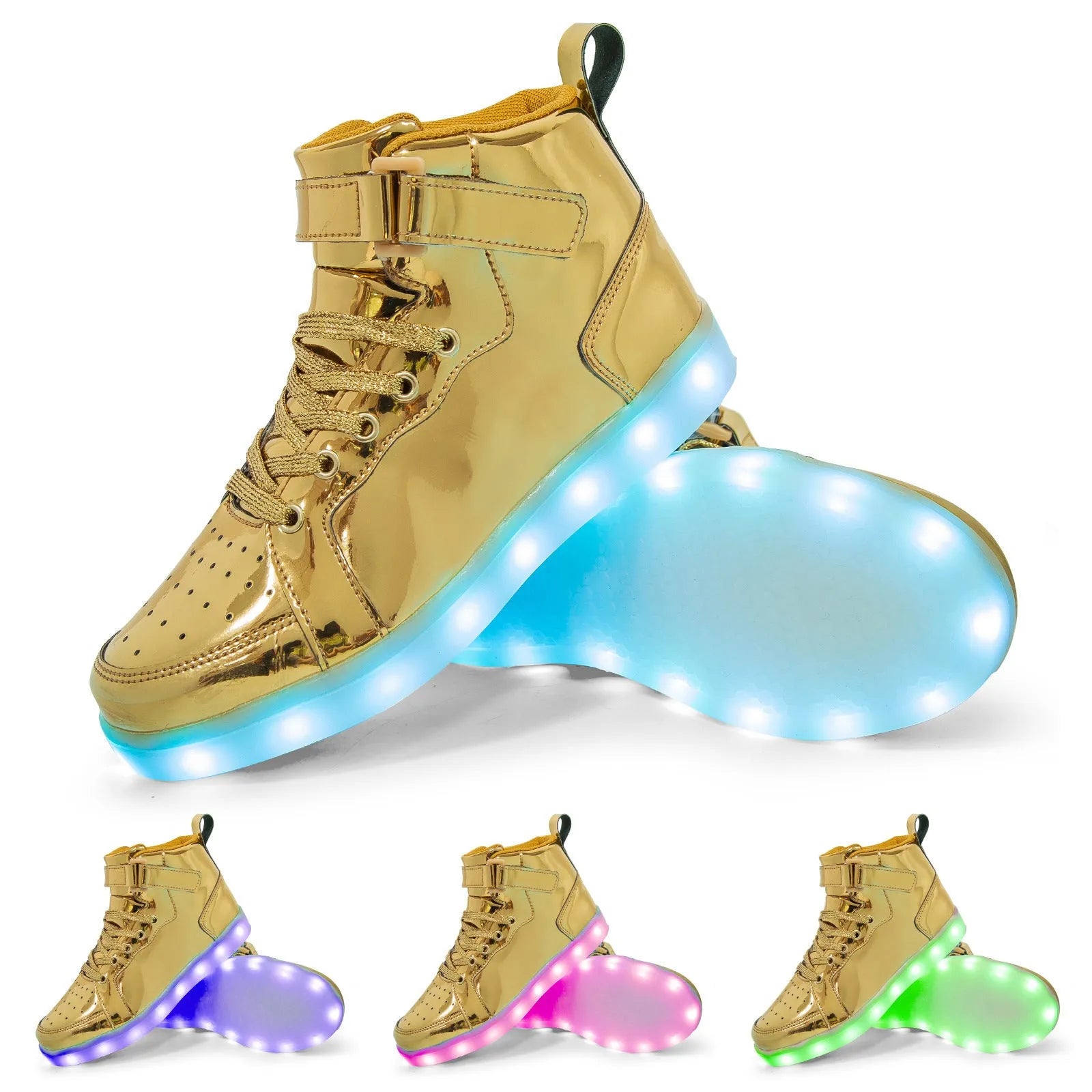 Unisex black LED high-top light shoes with Velcro strap and glowing sole.
