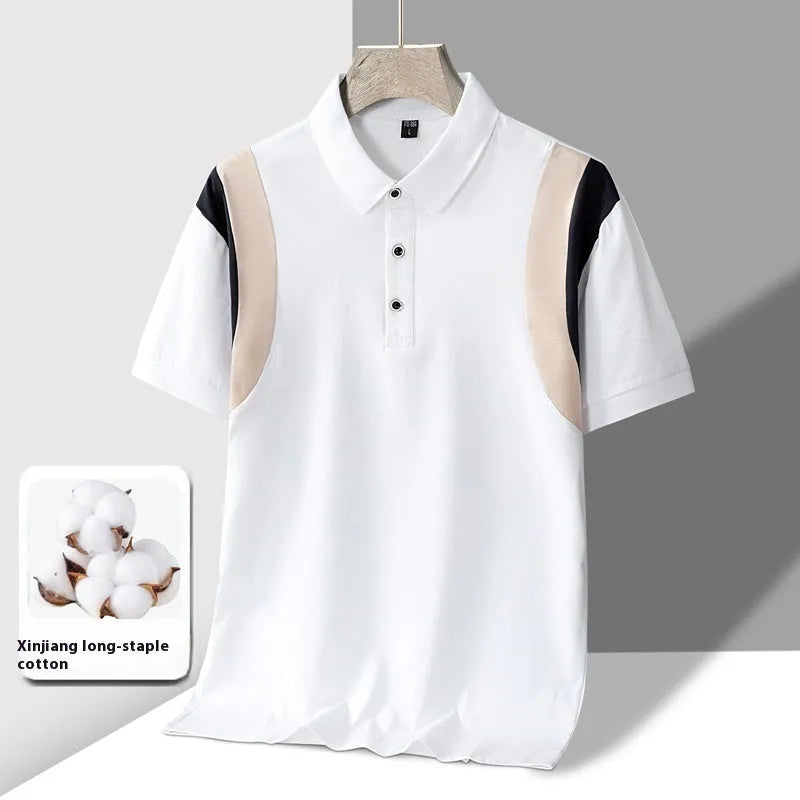 Man wearing a grey lapel-collar short-sleeve cotton T-shirt with a striped pattern.