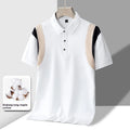 Man wearing a grey lapel-collar short-sleeve cotton T-shirt with a striped pattern.