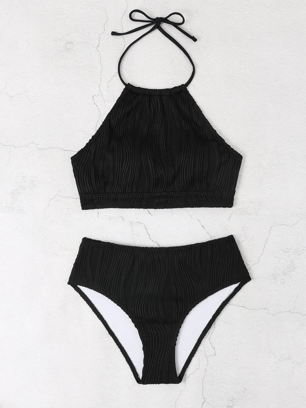 Conservative swimwear set with high waist apron design in white, apricot or black colours