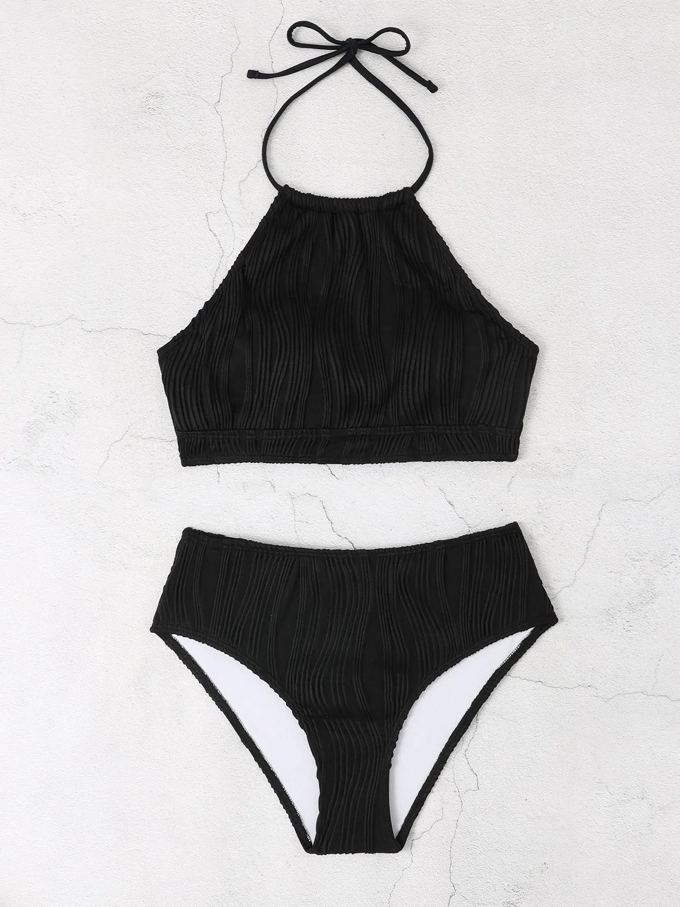 Conservative swimwear set with high waist apron design in white, apricot or black colours