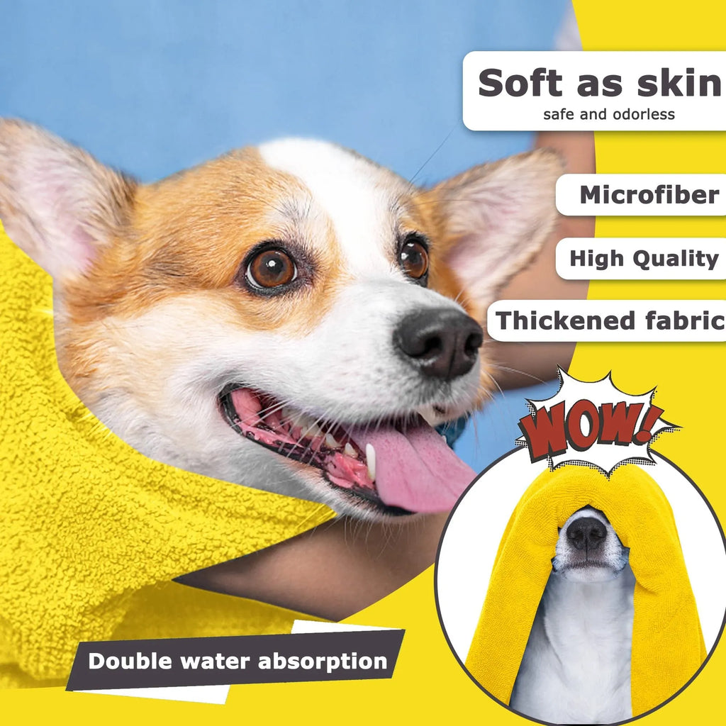Yellow microfiber dog drying towel with hook loop, super absorbent for pets