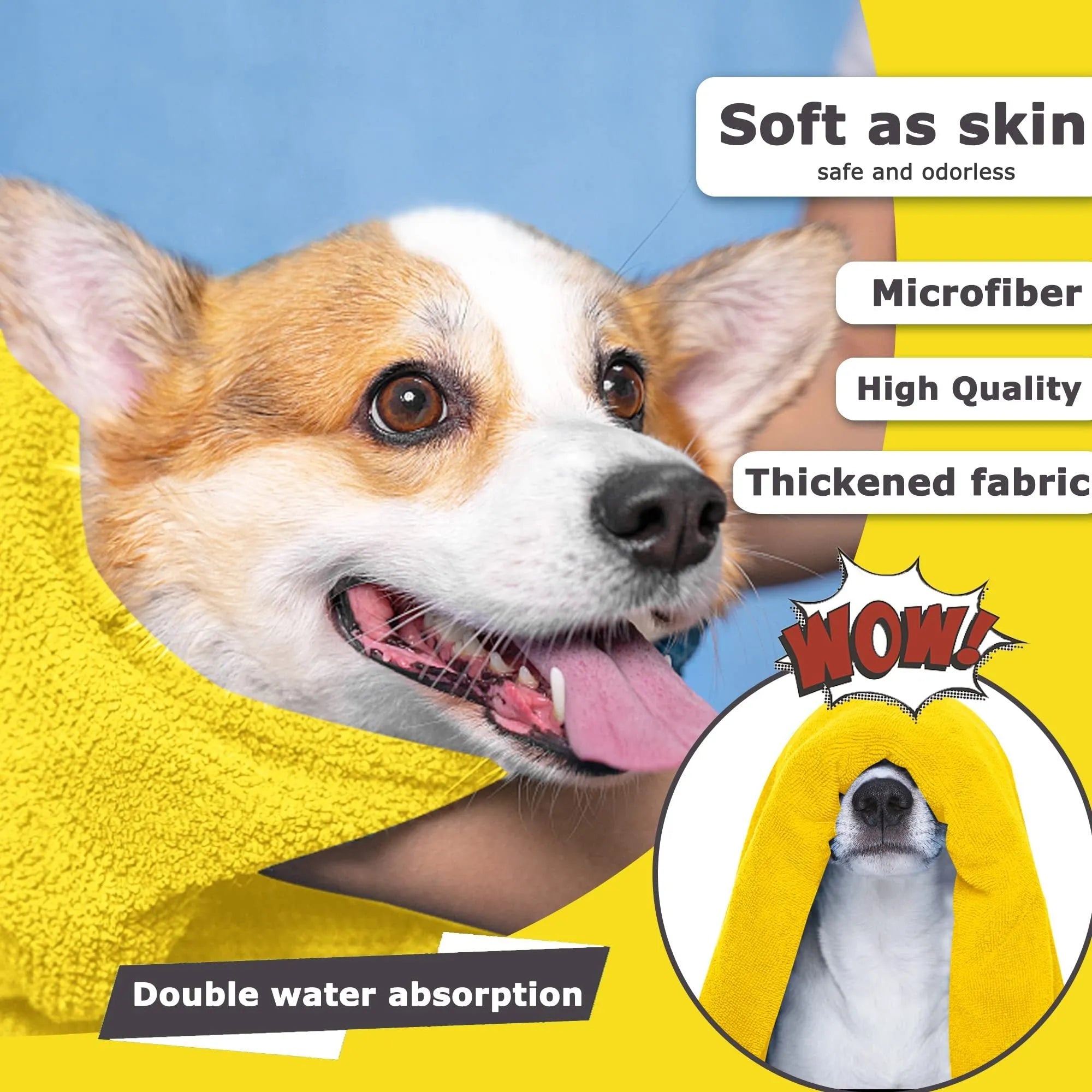 Yellow microfiber dog drying towel with hook loop, super absorbent for pets