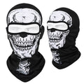 Motorcycle skull mask balaclava in Bakool silk fabric showing skull design, laid flat to show 36x29cm size.