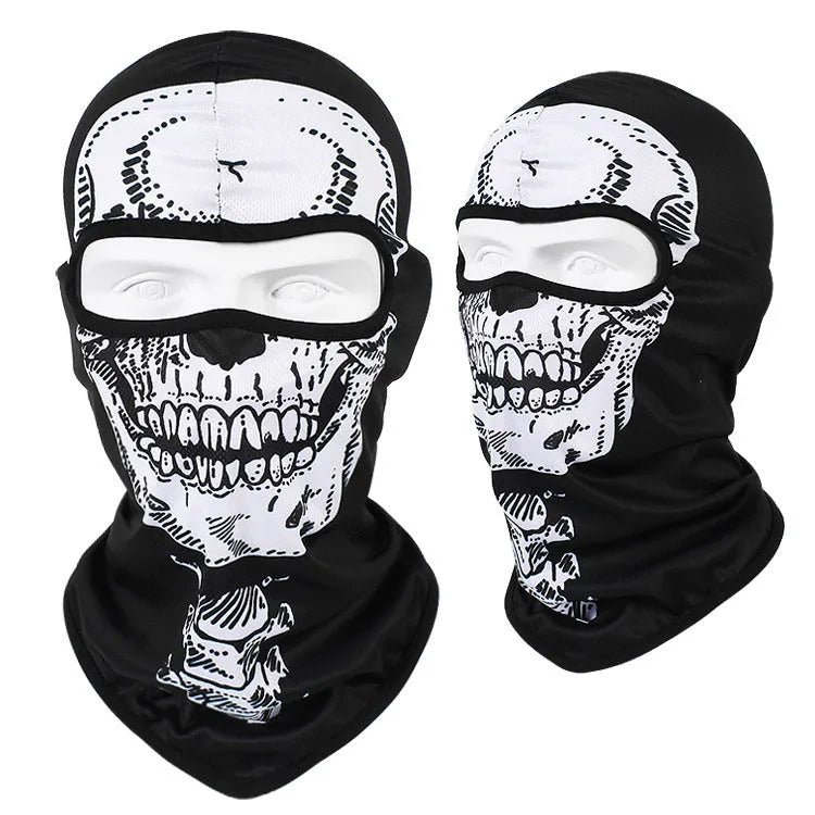 Motorcycle skull mask balaclava in Bakool silk fabric showing skull design, laid flat to show 36x29cm size.