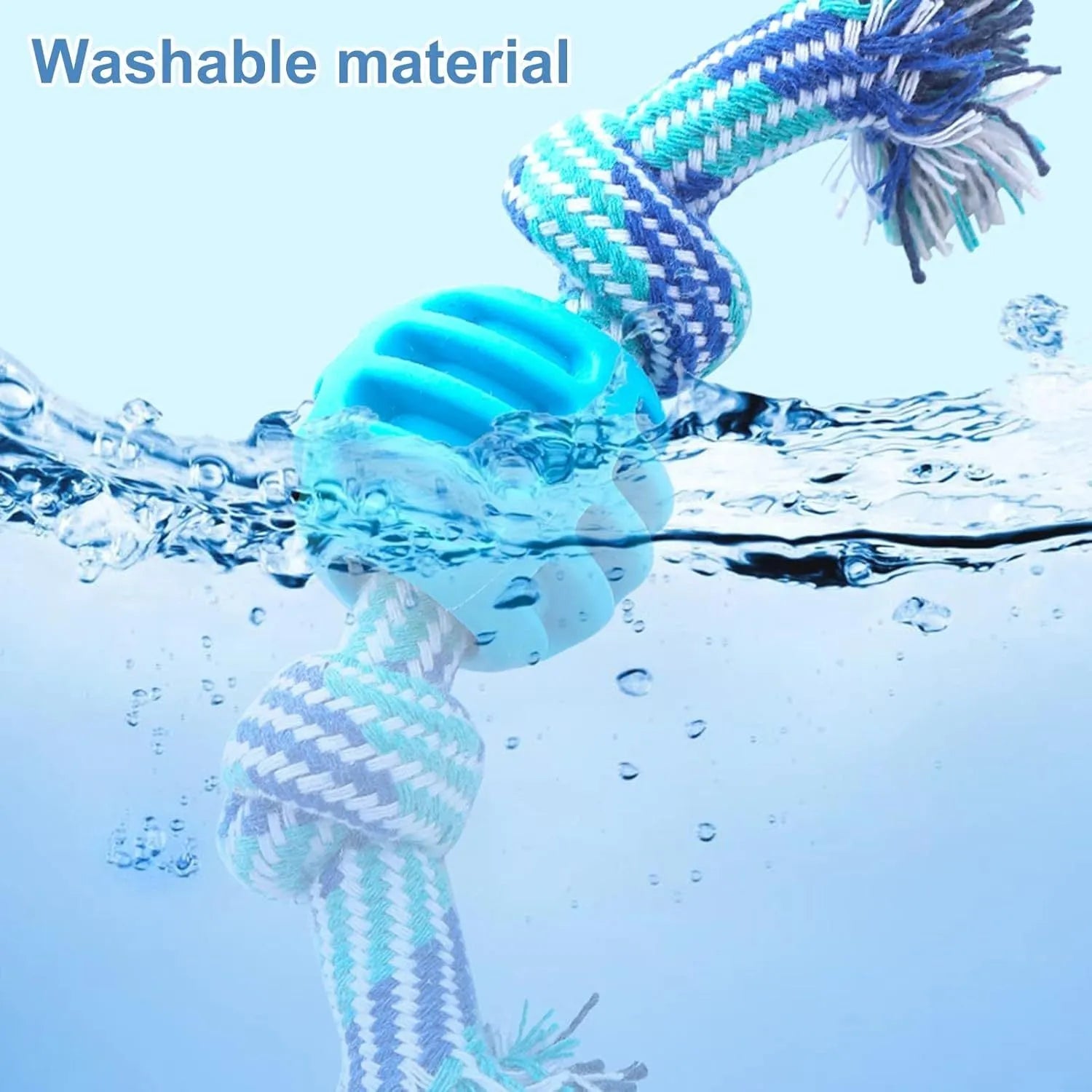 Blue soft dog chew toy with rope attachment for teeth cleaning and tug play.