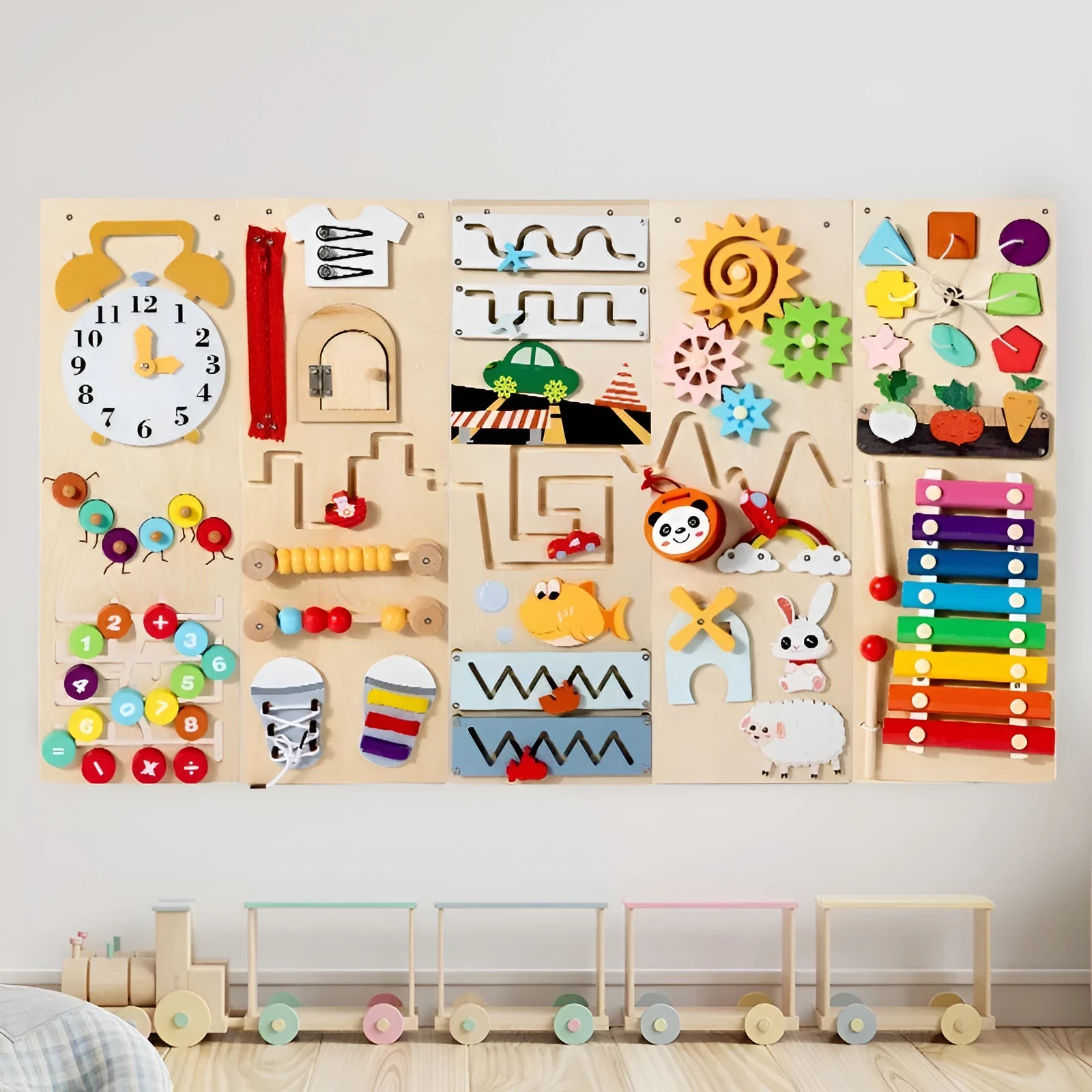 Wooden multi-functional busy wall board educational toy for children aged 4-6 with dimensions 46x15.5x18 cm