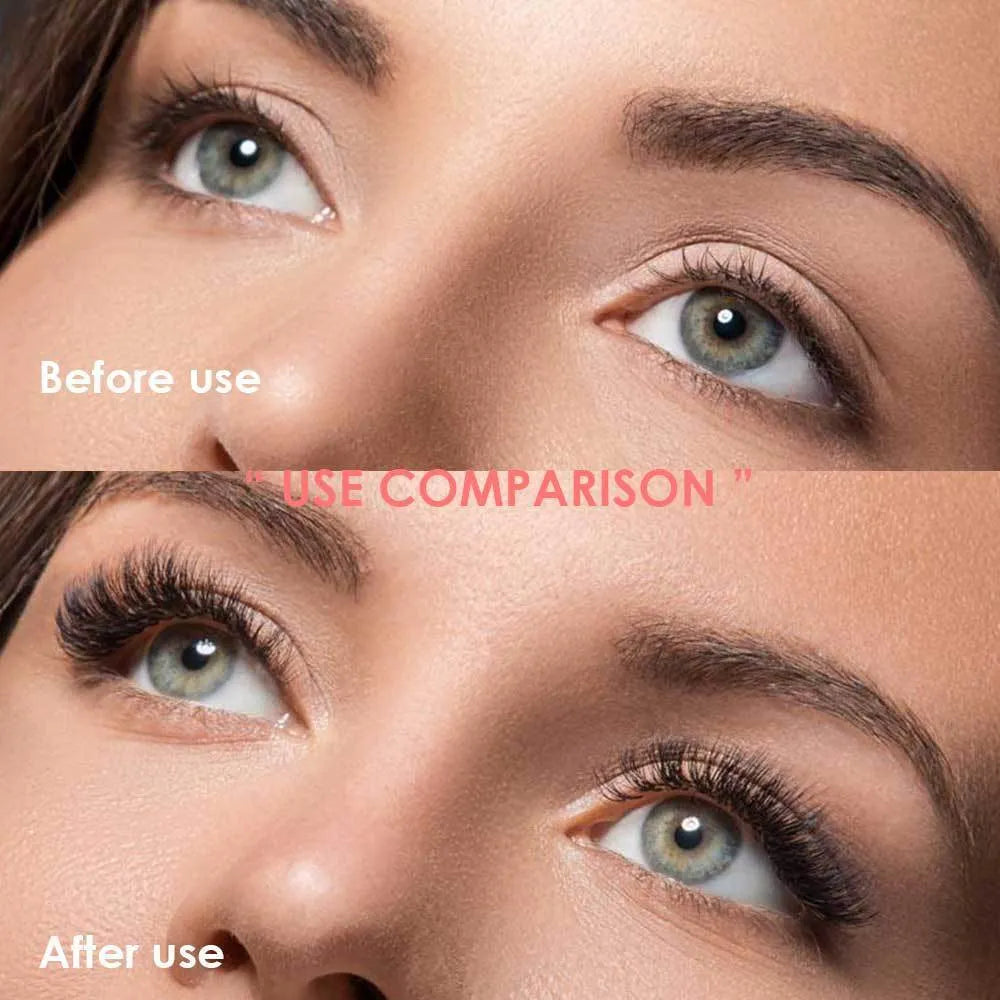 Five pairs of magnetic false eyelashes in styles D011 to D015 with tweezers and eyeliner on a flat surface