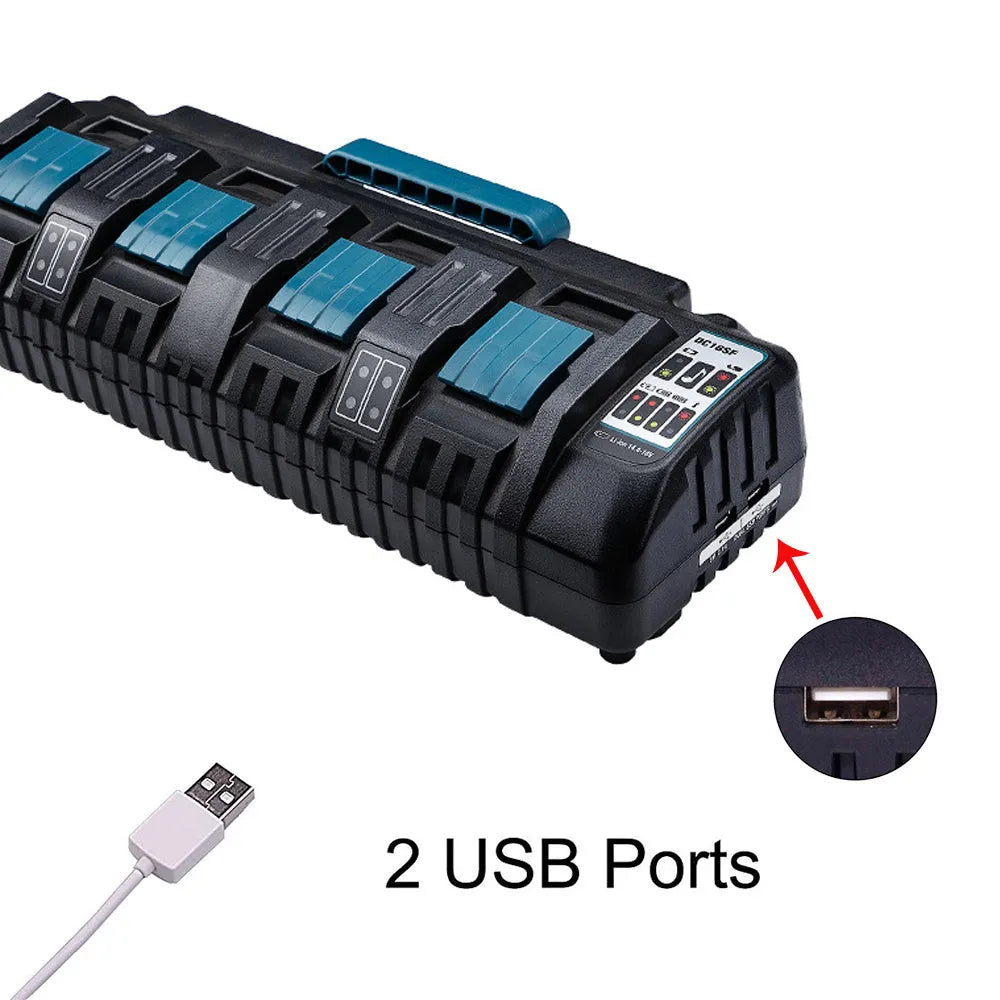 Black and blue plastic fast charger for Makita 14.4V-18V lithium batteries with four slots