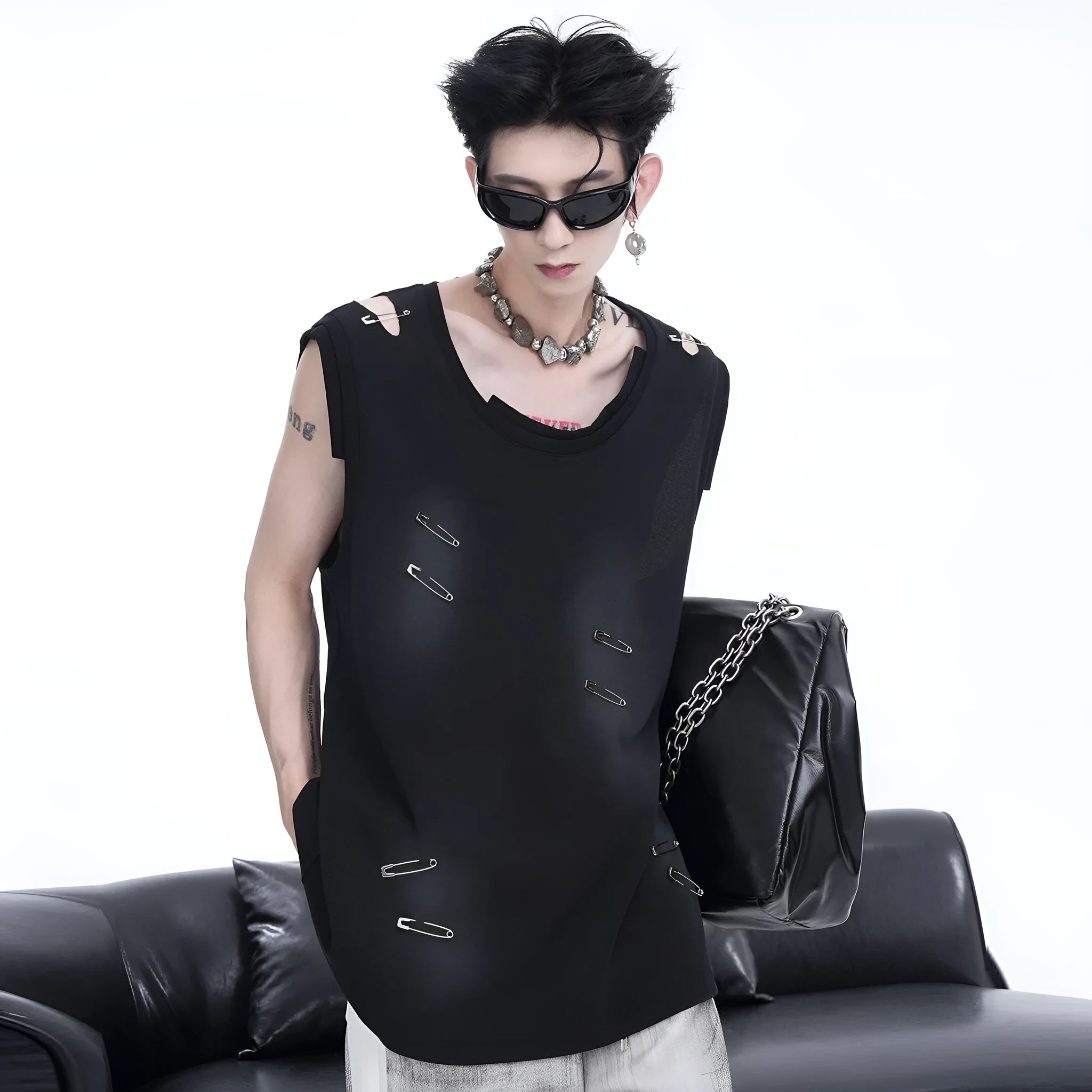 Men's black waistcoat vest with irregular ripped cutting detail, sleeveless t-shirt design
