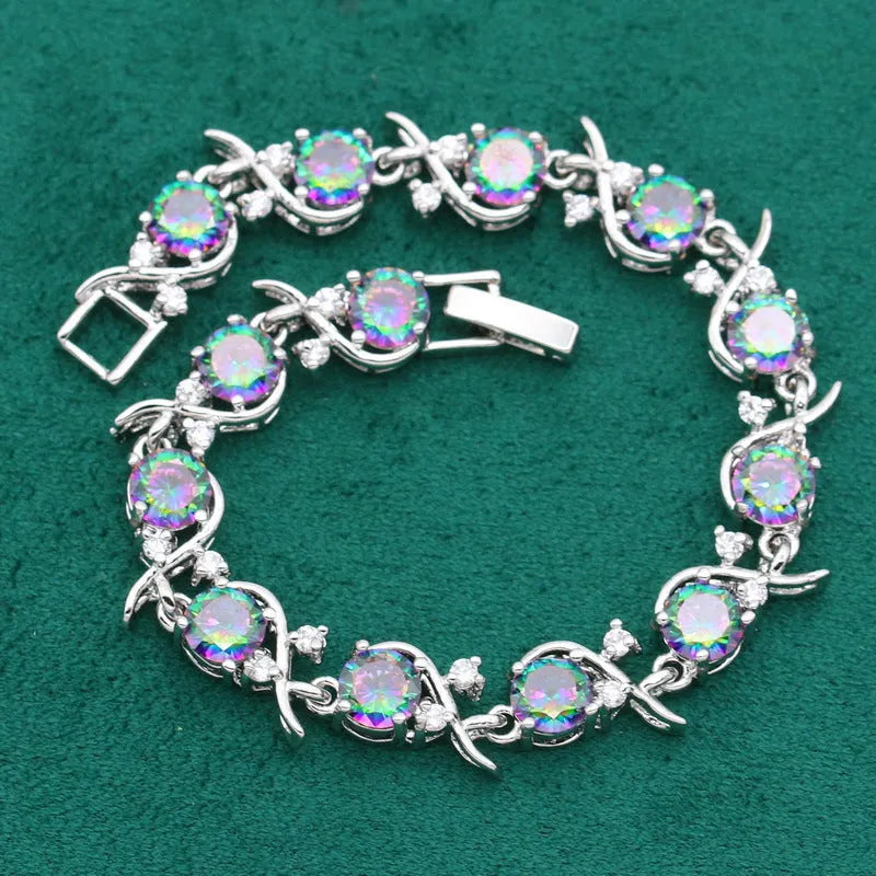 Four-piece copper inlaid zircon jewellery set with necklace, ring, earrings and bracelet in black, green or picture colour