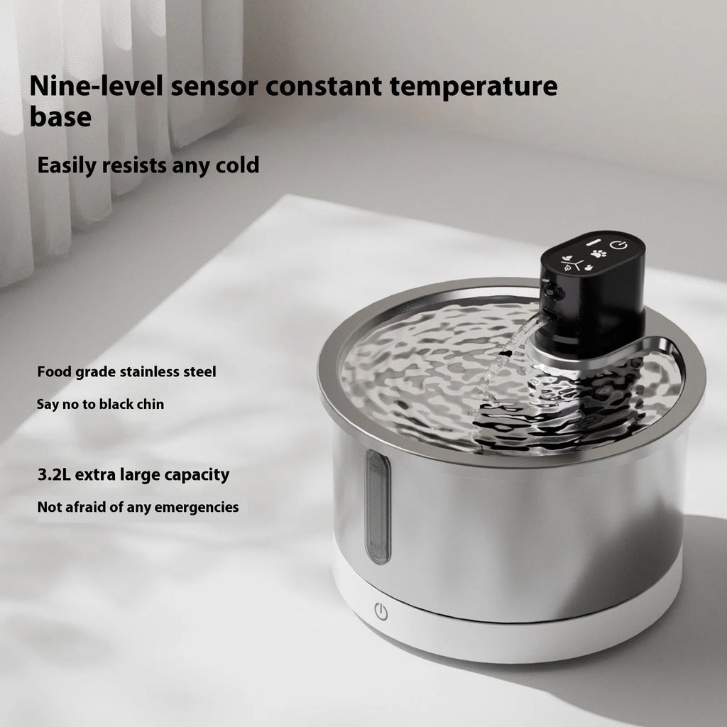 Stainless steel pet water fountain with digital temperature base in black or white.