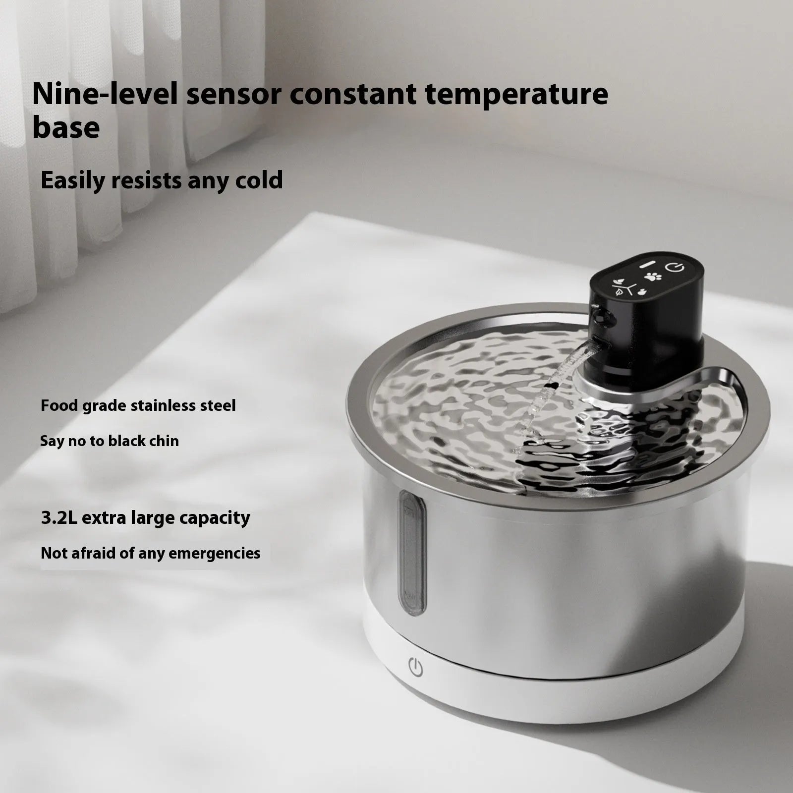 Stainless steel pet water fountain with digital temperature base in black or white.