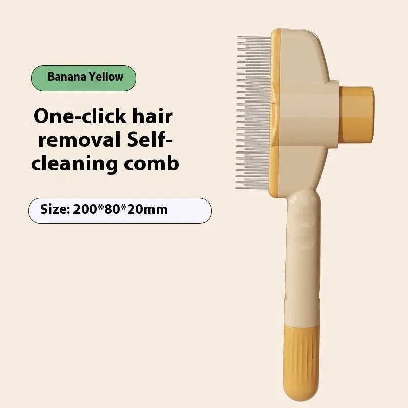 Yellow and green self-cleaning pet combs with stainless steel teeth and release buttons for dog and cat grooming