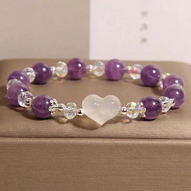 Natural amethyst bracelet with white agate love heart crystal beads light luxury women's accessory