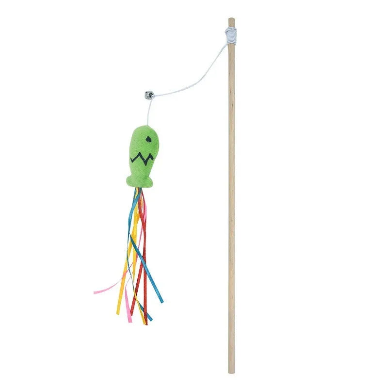 Blue cat wand toy with catnip fish, colourful ribbons, bell and a wooden handle on a white background.