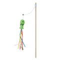 Blue cat wand toy with catnip fish, colourful ribbons, bell and a wooden handle on a white background.