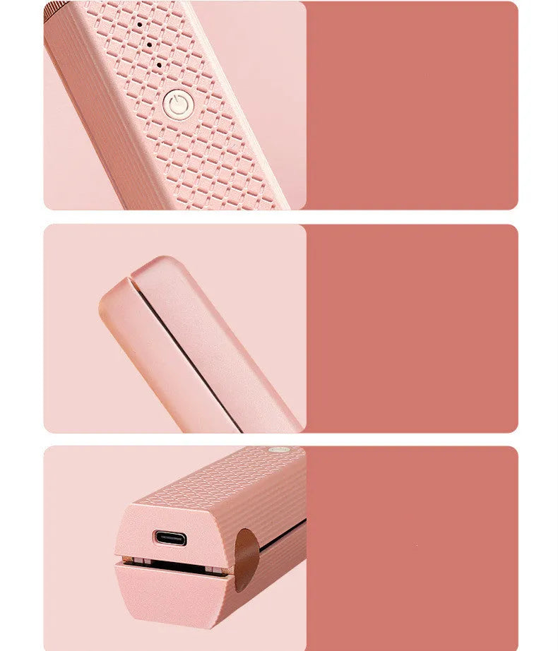 Pink and green cordless USB hair straightener and curler with ceramic plates, shown with USB cable.