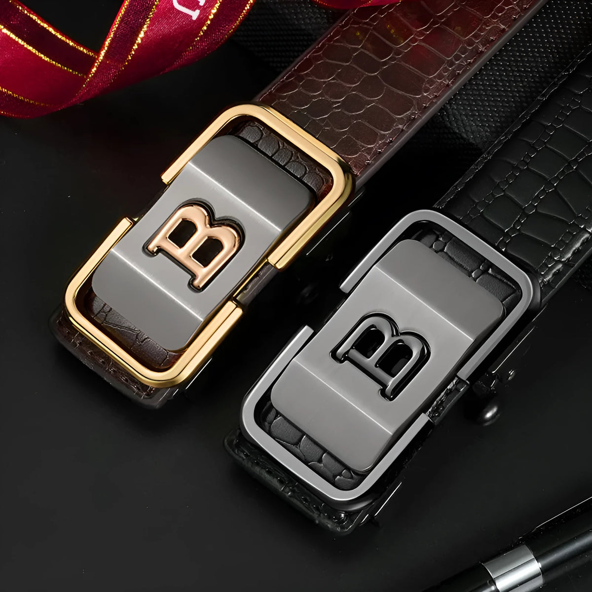 Automatic buckle belt with zinc alloy button head, PVC face, cowhide bottom, 3.3cm width, black or coffee colour