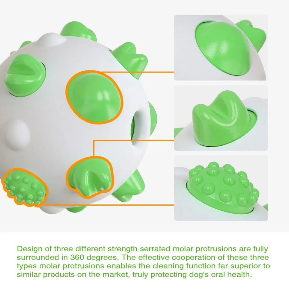 Blue, green and yellow dog teething chew ball toy with serrated bumps and hollow centre.