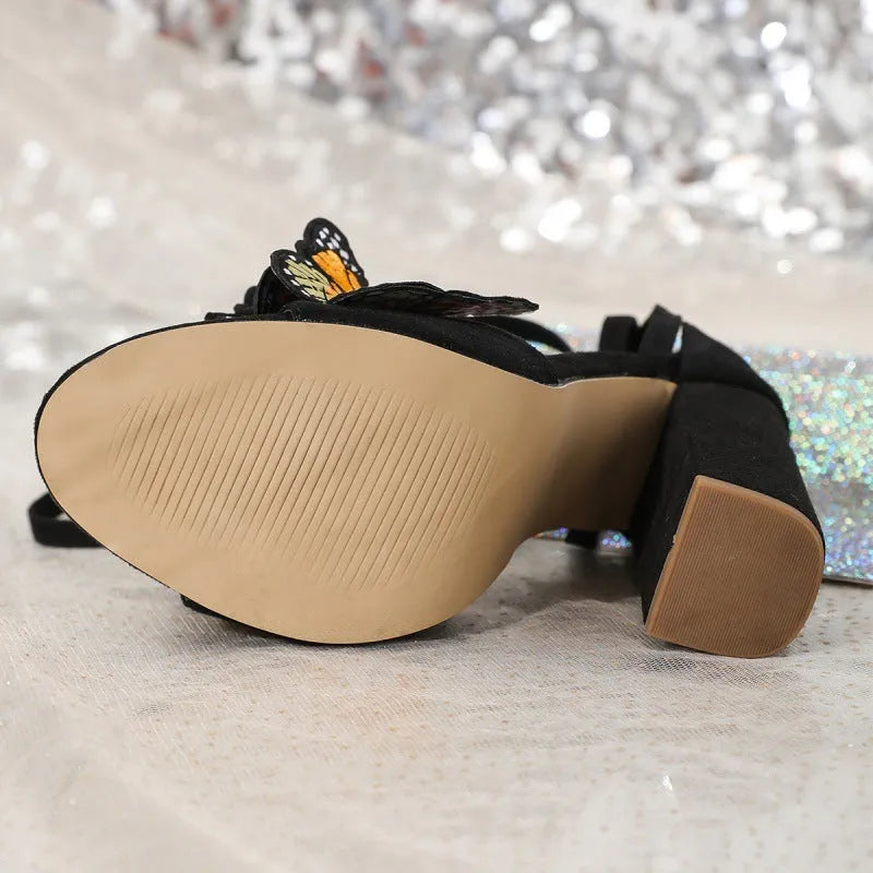 Women's butterfly high heel sandals square toe PVC black colour side view