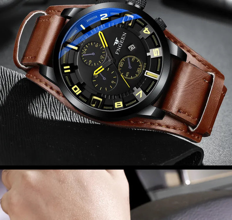 Casual waterproof watch with nubuck leather strap, black shell, 40.5mm dial, perspective window