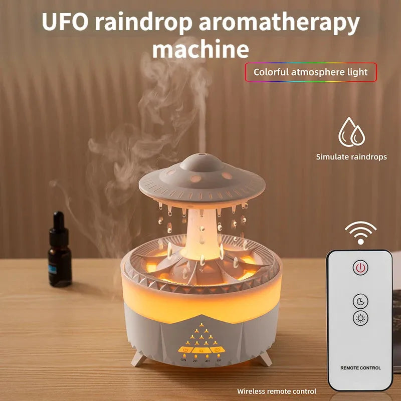 White UFO-shaped humidifier with water droplets creating mist and rain sounds