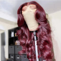 Front lace synthetic wig in wine red T6963 with long curly hair and long bangs for ladies