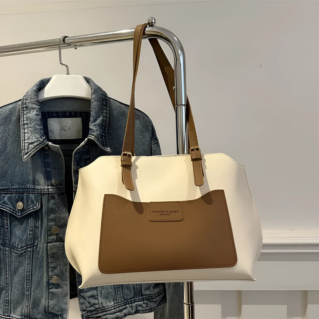 Women's structured PU tote bag in neutral colour with phone pocket and double shoulder straps.