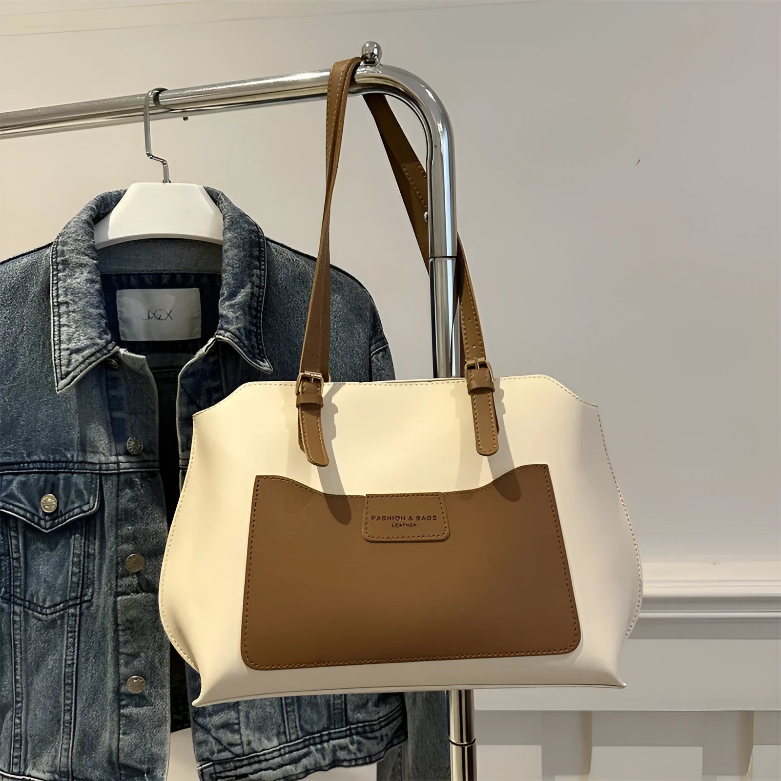 Women's structured PU tote bag in neutral colour with phone pocket and double shoulder straps.