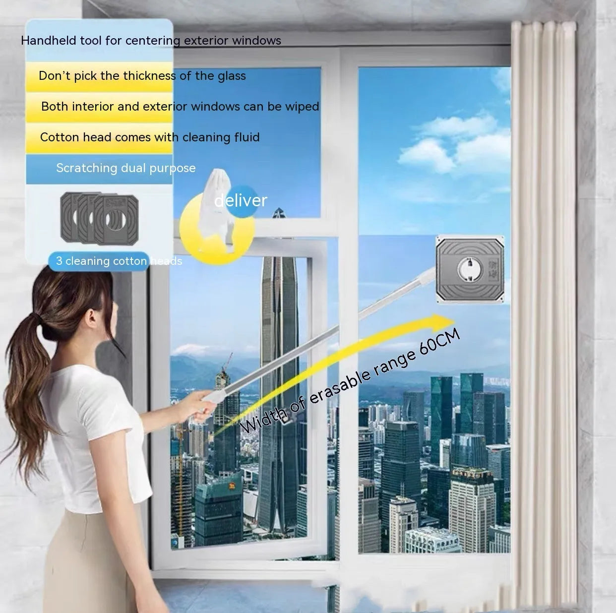Benshang aluminium alloy double-sided glass wiper for high-rise outer window cleaning with cotton head
