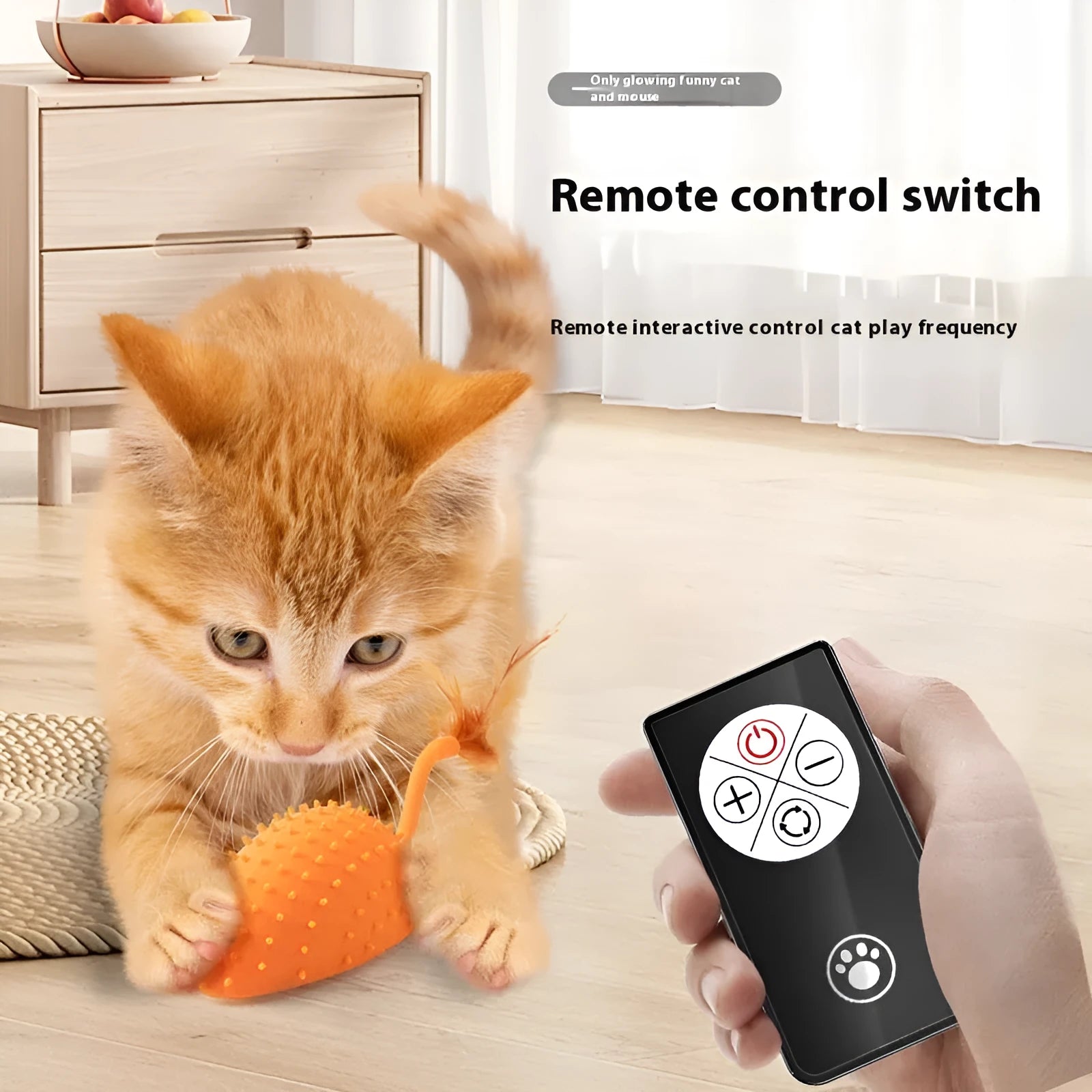Remote control smart charging silicone mouse cat toy in cyan with feather attachment and USB cable