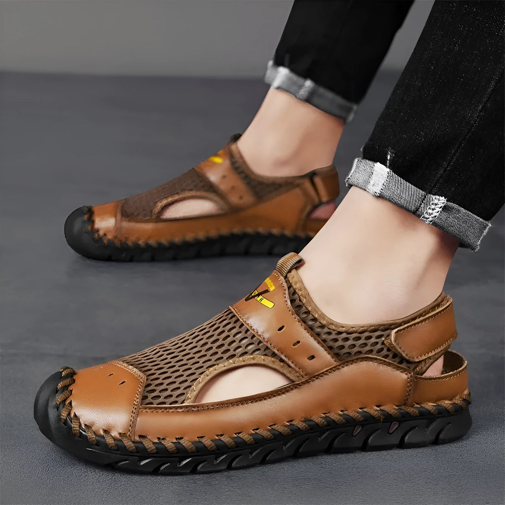 Men's brown genuine leather mesh breathable low-top shoes with elastic band and round toe